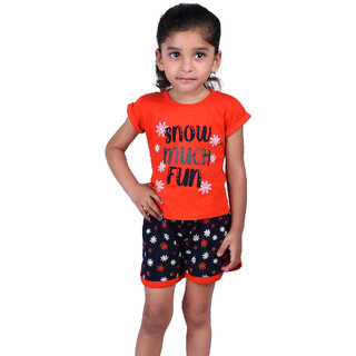                       Kid Kupboard Cotton Girls T-Shirt and Short Set, Red and Black, Half-Sleeves, 6-7 Years KIDS6296                                              