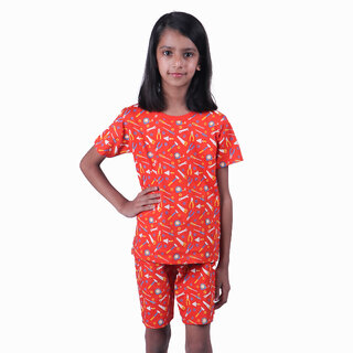                       Kid Kupboard Cotton Girls T-Shirt and Short Set, Orange, Half-Sleeves, 8-9 Years KIDS6301                                              