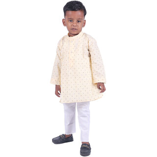                       Kid Kupboard Cotton Baby Boys Kurta and Pyjama Set, Beige and White, Full-Sleeves, 3-4 Years KIDS6275                                              