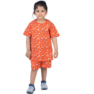                       Kid Kupboard Cotton Baby Girls T-Shirt and Short Set, Orange, Half-Sleeves, 3-4 Years KIDS6282                                              