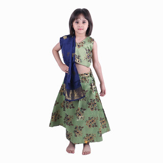 Kid Kupboard Cotton Girls Lehanga, Choli and Dupatta Set, Green and Blue, Half-Sleeves, 7-8 Years KIDS6299