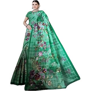                       Women's Pure Cotton Printed Saree with Separate Blouse Piece (Turquoise)                                              