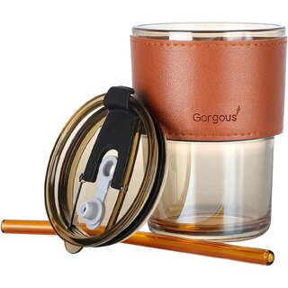                       Mannat Glass Tumbler Coffee Mug with Lid and Straw Sipper Protective Anti-Slip Leather Sleeve (Pack of 1,Brown)450ml                                              