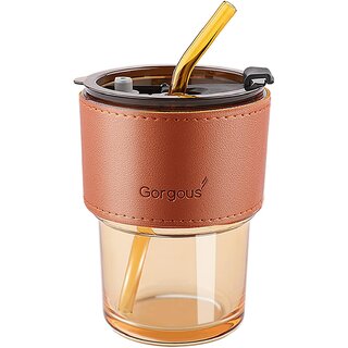                       Neelu Glass Tumbler Coffee Mug with Lid and Straw Sipper Protective Anti-Slip Leather Sleeve (Pack of 1,Brown)450ml                                              