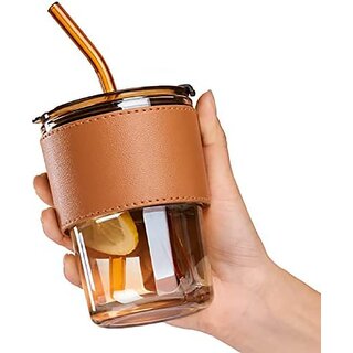                       S.K. Glass Tumbler Coffee Mug with Lid and Straw Sipper Protective Anti-Slip Leather Sleeve (Pack of 1,Brown)450ml                                              