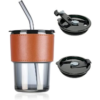                       Mannat Glass Tumbler Coffee Mug with Lid and Straw Sipper Protective Anti-Slip Leather Sleeve (Pack of 1,Black)450ml                                              