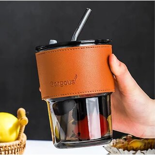                       Neelu Glass Tumbler Coffee Mug with Lid and Straw Sipper Protective Anti-Slip Leather Sleeve (Pack of 1,Black)450ml                                              