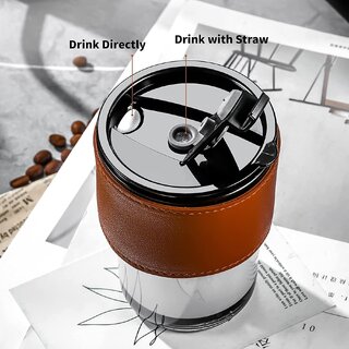                       S.K. Glass Tumbler Coffee Mug with Lid and Straw Sipper Protective Anti-Slip Leather Sleeve (Pack of 1,Black)450ml                                              