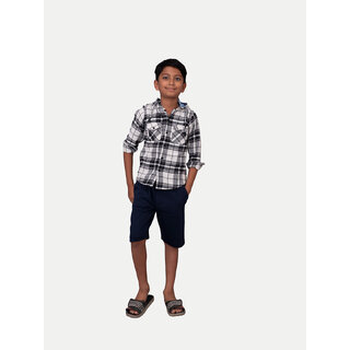                       Boys Cream & Black Check Hooded Yarndye shirt                                              