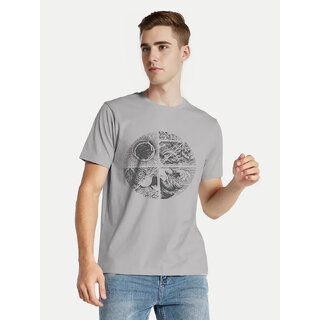                      Mens Grey Melange Printed Crew Neck T-shirt                                              