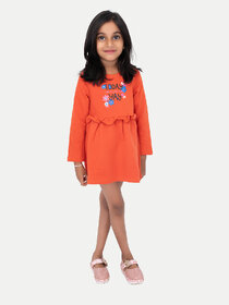 Girls Dark Orange Printed Sweat Frock