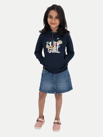 Girls Dark Blue Printed Sweat Hoodie