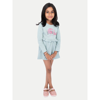                       Girls Skyblue Printed Sweat Frock                                              