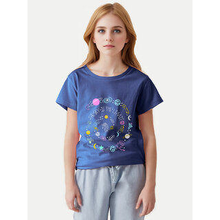                       Teen Girls Royal Blue Printed Crew Neck T-shirt                                              