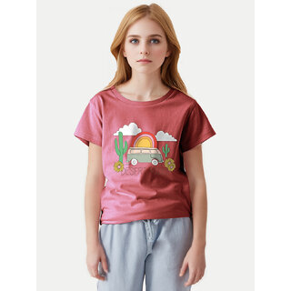                       Teen Girls Tomato Red Printed Crew Neck T-shirt                                              