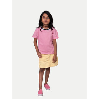                       Girls Light Pink Contrast Round neck Melange T-shirt                                              
