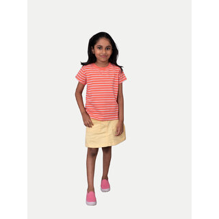                       Girls Tomato Red Round neck Stripe T-shirt                                              