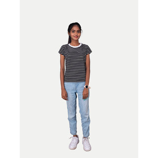                       Girls Black Round neck Stripe T-shirt                                              