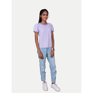                       Girls Lavender Contrast Round neck Melange T-shirt                                              