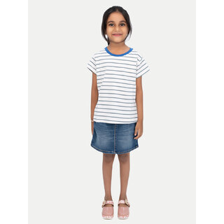 Girls White  Crew neck Striped T-shirt