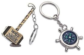 Kd Collections Avengers Infinity War Stormbreaker Mjolnir Thor Hammer Keychain And Compass Keychain Combo (Golden Silver)