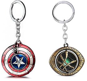 Metal Superhero Captain America Sheild Keychain And Doctor Strange Rotating Eye Of Agamotto Marvel Keychains ( Pack Of 1 )