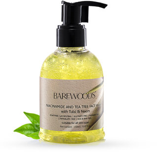 BAREWOODS Neem, Tea Tree & Tulsi Face Wash With Niacinamide | Anti-Acne & For Open Pores | Gentle & Hydrating | 150ml