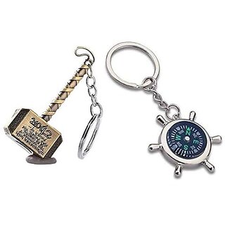                       Kd Collections Avengers Infinity War Stormbreaker Mjolnir Thor Hammer Keychain And Compass Keychain Combo (Golden Silver)                                              