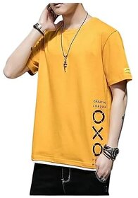 Antiq World Men Printed Round Neck Pure Cotton Yellow T-Shirt