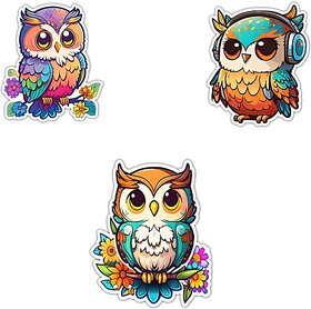 Megavalue Impression Owl Wall Sticker Self Adhesive Sticker Pack Of 3 Fridge Magnet Pack Of 3 (Multicolor)