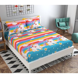                       STITCH 210 TC Unicorn Print Cotton Single Bedsheet with 2 Pillow Cover | Size 48*72                                              