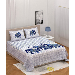                       STITCH Traditional Pure 100% Cotton Double Bed Queen Bedsheet with 2 Pillow Covers (Pack of 1, Orange Elephant Print)                                              