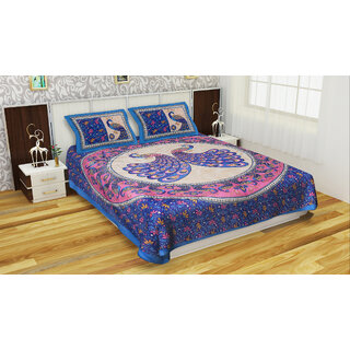                       STITCH Traditional Pure 100% Cotton Double Bed Queen Bedsheet with 2 Pillow Covers (Pack of 1, Blue Purple Peacock)                                              