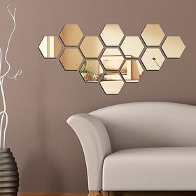 13 Hexagon Golden 3D Acrylic Stickers Mirror Stickers Wall Stickers Self Adhesive Sticker (Pack Of 1) Decorative Mirror