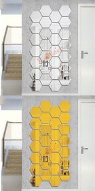 Hexagon 28 Silver 28 Golden, Hexagon Mirror Wall Stickers Self Adhesive Sticker (Pack Of 1) Decorative Mirror