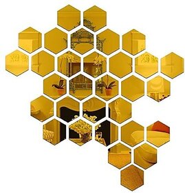 31 Hexagon Golden Acrylic Mirror Wall Decor Sticker, Wall Mirror Stickers Decorative Mirror