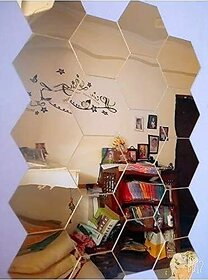 31 Hexagon With 20 Butterfly Golden Decorative Mirror Sticker For Wall, Acrylic Mirror Walldecor Sticker, Hexagonal, Wall Stickers For Hall, Bedroom, Kitchen, Home And Offices, Unframed Decorative Mirror