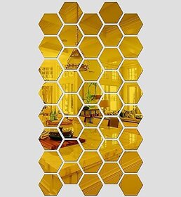 40 Hexagon Golden Mirror Wall Stickers, Mirror Stickers For Wall, Wall Mirror Stickers For Home And Offices Decorative Mirror