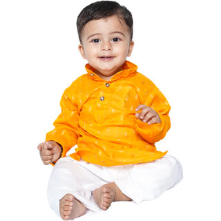                       Kid Kupboard Cotton Baby Boys Kurta and Pyjama Set, Yellow and White, Full-Sleeves, 12-18 Months KIDS6356                                              