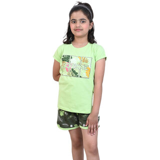                       Kid Kupboard Cotton Girls T-Shirt and Short Set, Green, Half-Sleeves, 9-10 Years KIDS6361                                              