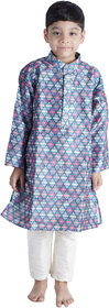 Blue Block Printed Kurta Pyjama for Boys