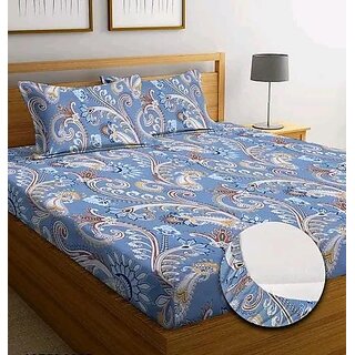                       Homeshop20  100  Cotton 1 Elastic fitted Double Bedsheet (90 x100 ) + 2 Pillow Cover (Multi)                                              