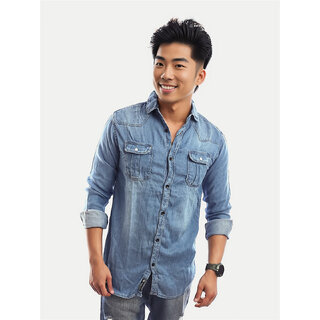                       Men Light Blue Heavy Washed Denim Shirt                                              