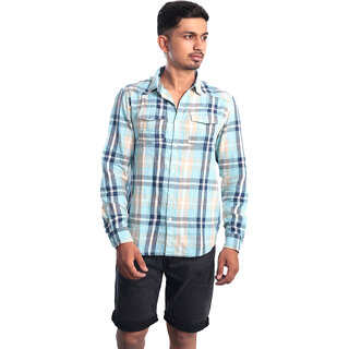                       Men Light Blue Checkered Casual cotton Shirt                                              