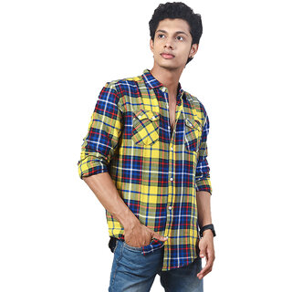 Men Bright Yellow Checkered Casual cotton Shirt Men Bright Yellow Checkered Casual cotton Shirt