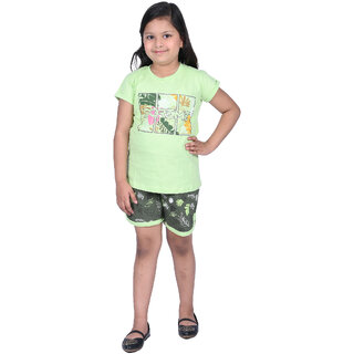                       Kid Kupboard Cotton Girls T-Shirt and Short Set, Green, Half-Sleeves, 9-10 Years KIDS6403                                              