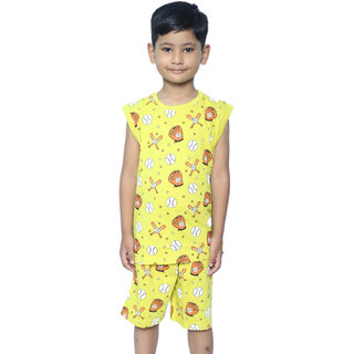                       Kid Kupboard Cotton Boys T-Shirt and Short Set, Yellow, Sleeveless, 6-7 Years KIDS6397                                              