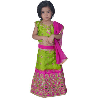                       Kid Kupboard Cotton Baby Girls Lehanga, Choli and Dupatta Set, Light Green and Pink, Sleeveless, 4-5 Years KIDS6402                                              
