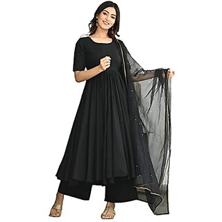                       Sita Devi and Son's Beautiful Rayon Fabric Black color Kurta, Pant And Dupatta Set (X-Large, Black)                                              