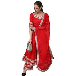                       Sita Devi And Sons Women's Long Rayon Anarkali Kurti with Pant and Dupatta Set (X-Large, Red)                                              